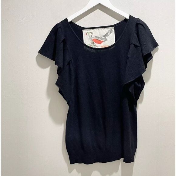 Anthropologie Robin Black Flutter Ruffle Sleeve Knit Sweater Top Size L - Picture 1 of 3